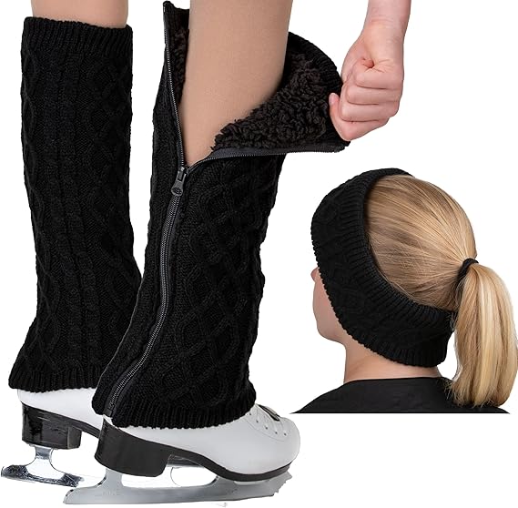 CRS Cross Leg Warmers and Headband Set for Figure Skating. Zipper Easy On/Off. Warm Knit Fleece Lined - in Black