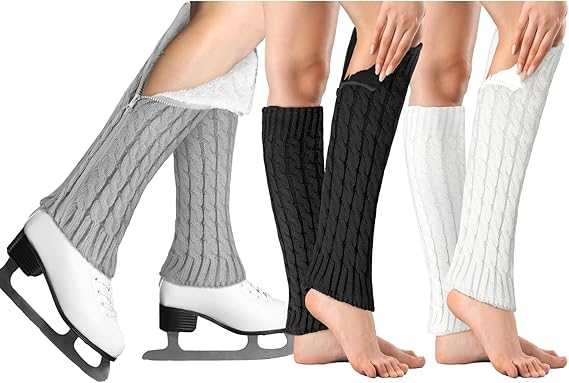 3 Pair Leg Warmers for Women Ice Skating Figure Skating Leg Warmers with Zipper Knit Fleece Lined Warmer