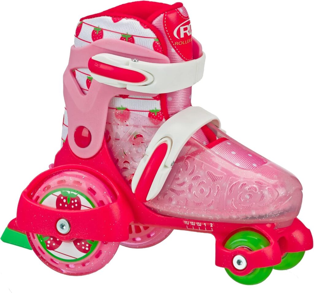 Fun Roll Beginner Roller Skates by Roller Derby, Adjustable Sizing, Skates for Kids, Toddlers, Boys, Girls - Strawberry