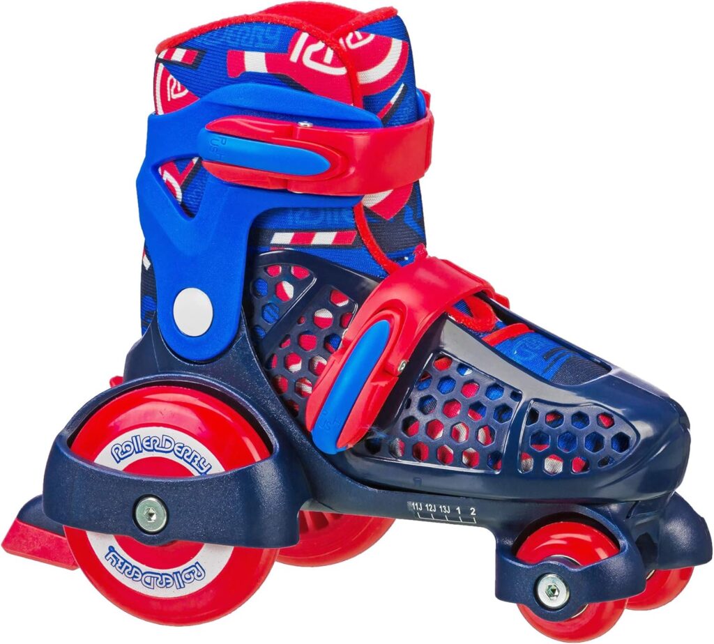 Fun Roll Beginner Roller Skates by Roller Derby, Adjustable Sizing, Skates for Kids, Toddlers, Boys, Girls - Red White and Blue