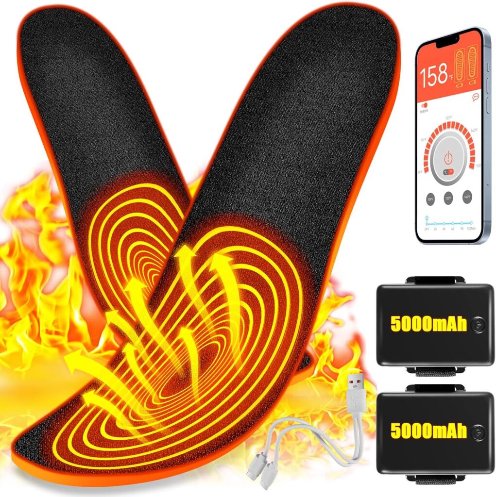 Heated Insoles for Men & Women with APP Control, 5000mAh Rechargeable Foot Warmers, Electric Thermal Insoles for Hiking, Skiing, Camping, Hunting, etc.,