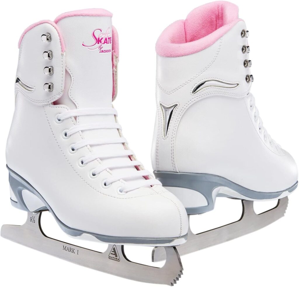 Jackson Ultima SoftSkate Womens and Girls Figure Skate - Finesse 180 Hight Top Lace Up Medium Support SoftSkate - in White and Pink