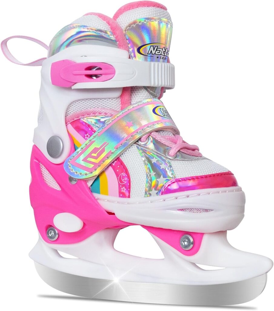 Nattork Girls Ice Skates for Kids – 4 Size Adjustable Rainbow Ice Skate with Fleece Lining - in Pink