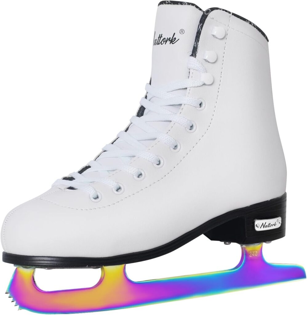 Nattork Figure Skates - Stainless Steel Blades with Enhanced Support Strength Performance and Ultimate Comfort for Youth and Adult - in White with Colored Blades