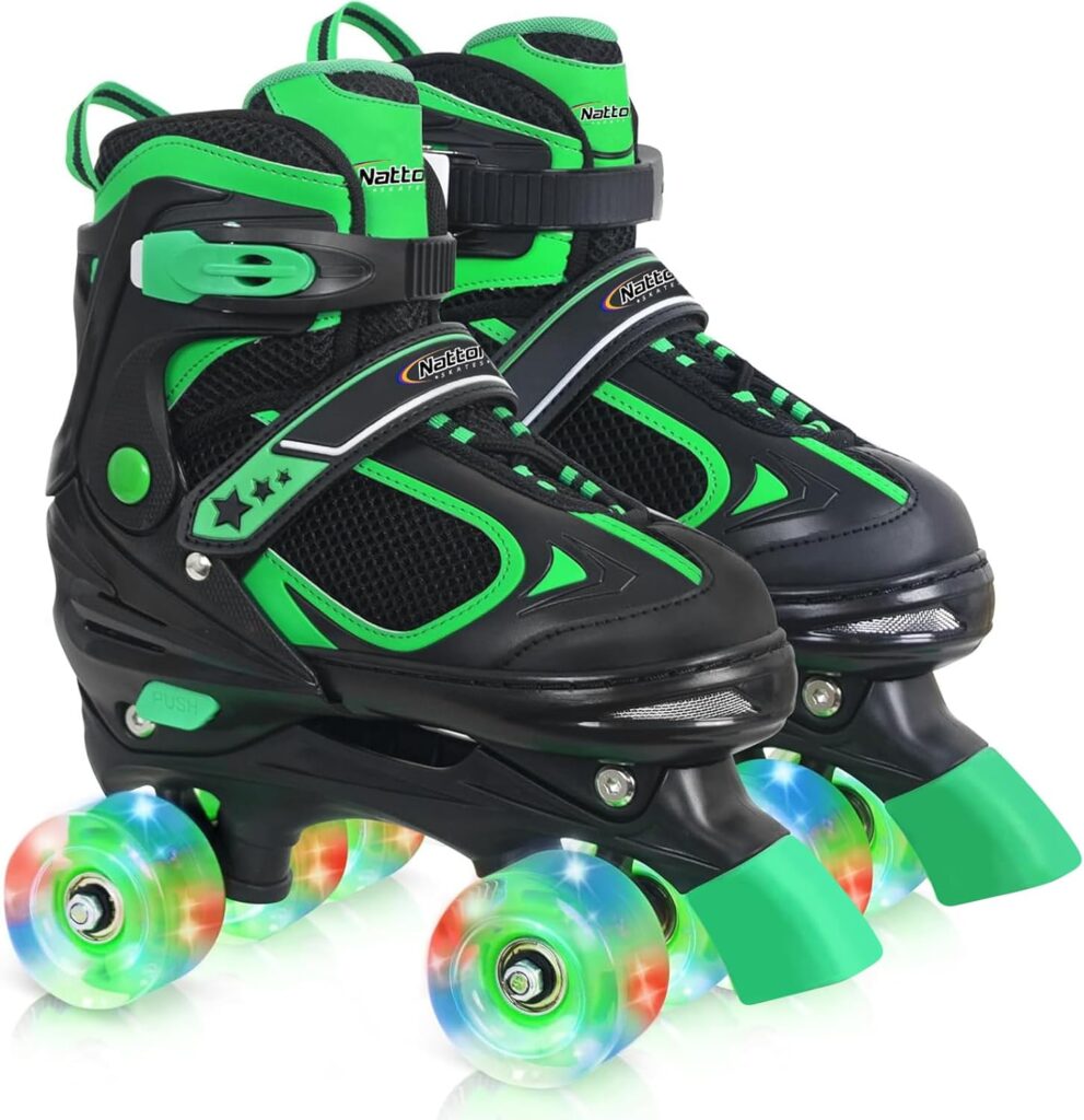 Nattork Kids Roller Skates for Boys Girls Kids, 4 Sizes Adjustable Quad Skates with All Light up Wheels - Birthday Gift for Indoor Outdoor Sports - Green