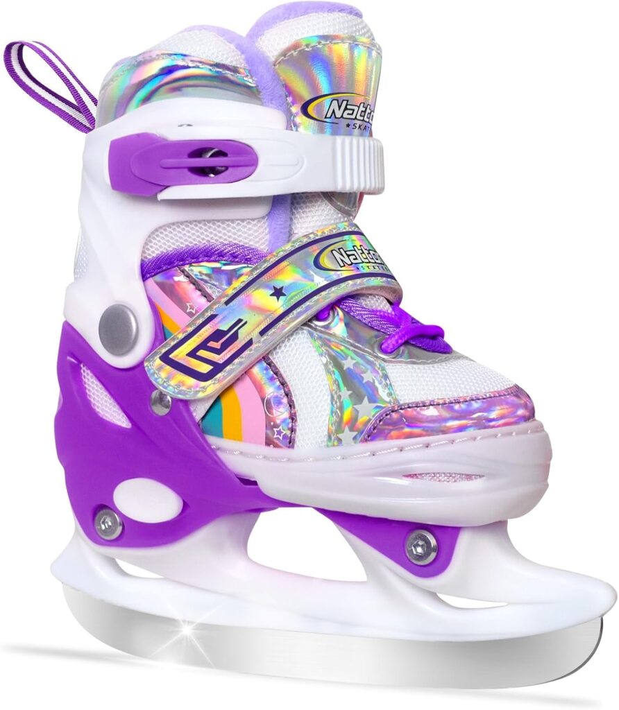 Nattork Girls Ice Skates for Kids 4 Size Adjustable Rainbow Ice Skate with Fleece Lining for Outdoor & Rink - in Purple