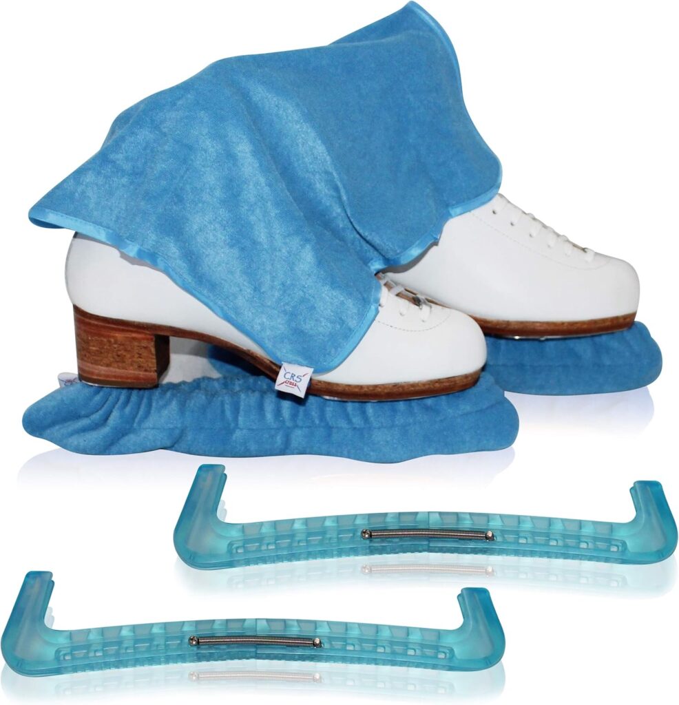 CRS Cross Skate Guards, Soakers and Towel Gift Set - Ice Skating Guards and Soft Skate Blade Covers for Figure Skating or Hockey - Bracket Blue