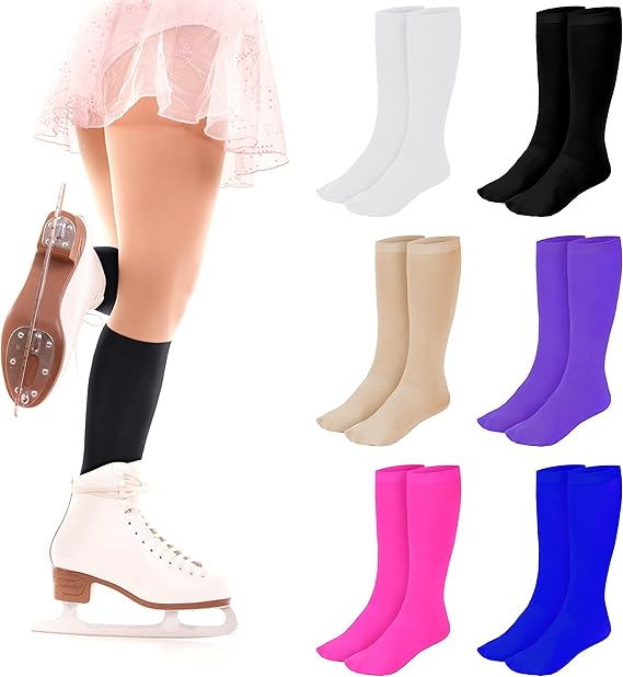 SATINIOR 6 Pairs Ice Skating Socks Solid Color Skating Socks Light Opaque Knee Skating Socks for Women Girl