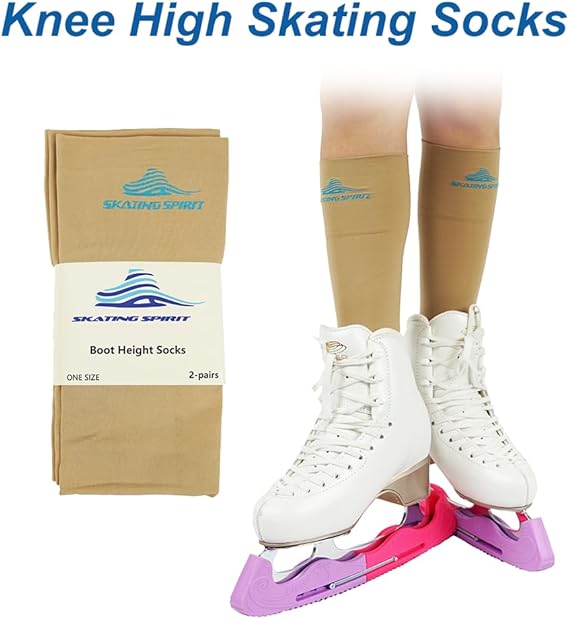 SkatingSpirit Figure Skating Socks (2 Pairs), Knee high, Extra wide cuff band non-slipping