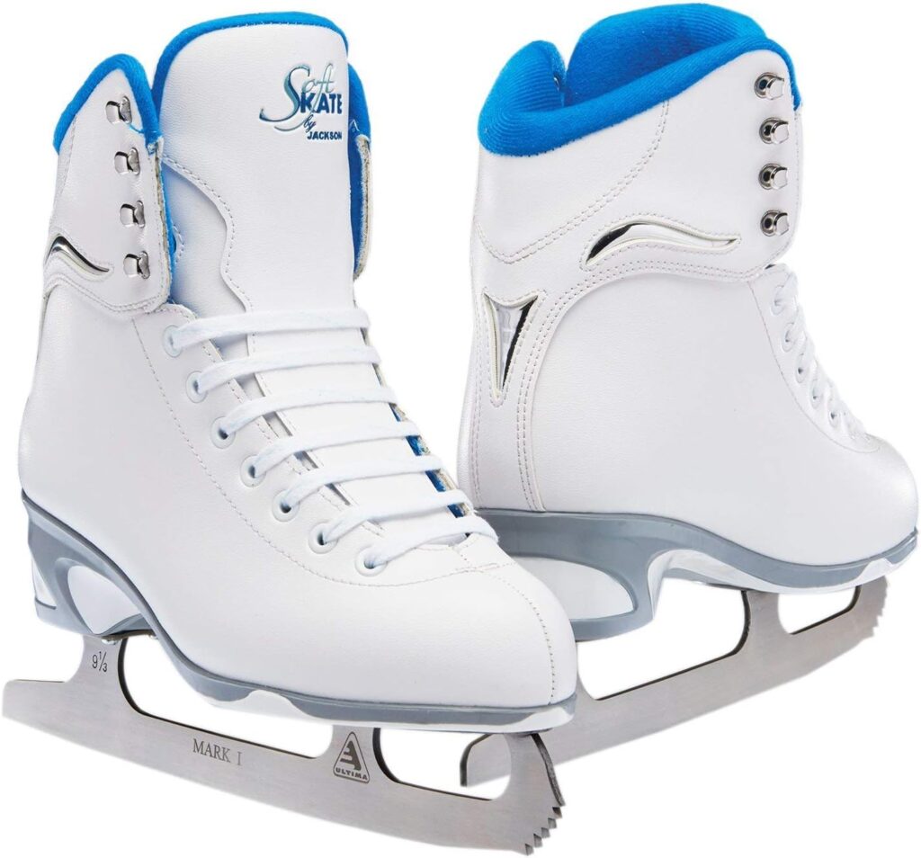 Jackson Ultima SoftSkate Womens/Girls Figure Skate - Finesse 180 Hight Top Lace Up Medium Support SoftSkate - in Blue and White