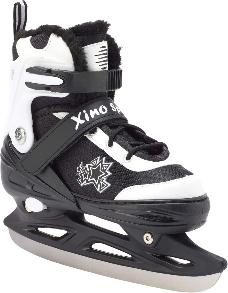 Xino Sports Deluxe Adjustable Ice Skates - for Boys and Girls, Two Awesome Colors - Black and Pink, Faux Fur Padding and Reinforced Ankle Support, Fun to Skate!