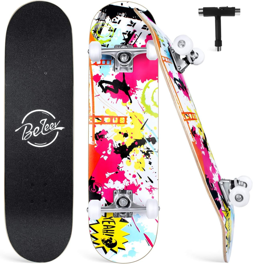 BELEEV Skateboards for Beginners, 31 x 8 inch Complete Skateboard for Kids Teens Adults, 7 Layer Canadian Maple Double Kick Deck Concave Cruiser