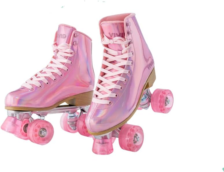 Womens Roller Skates - Retro Vintage Style Holographic Roller Skates with Ankle Support and Padding - in Pink