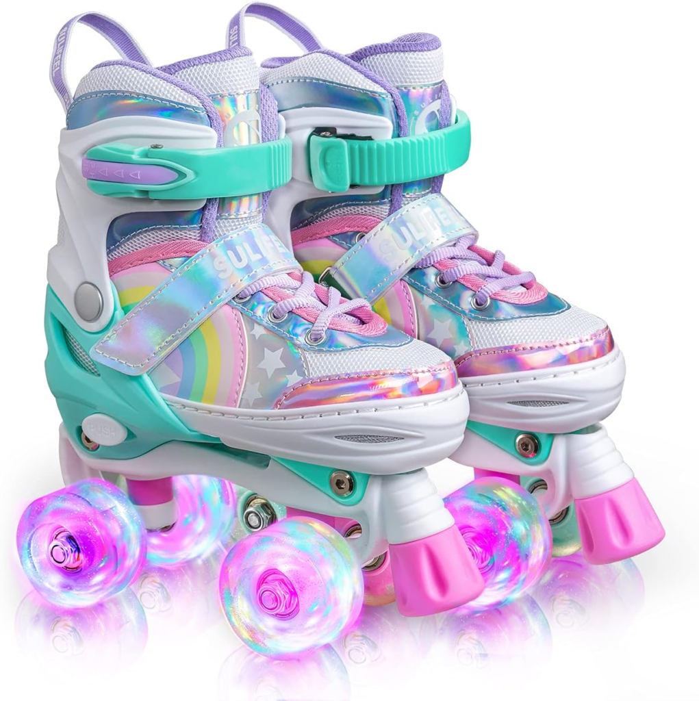 SULIFEEL Rainbow Unicorn 4 Size Adjustable Light up Roller Skates for Girls Boys for Kids - in Rainbow