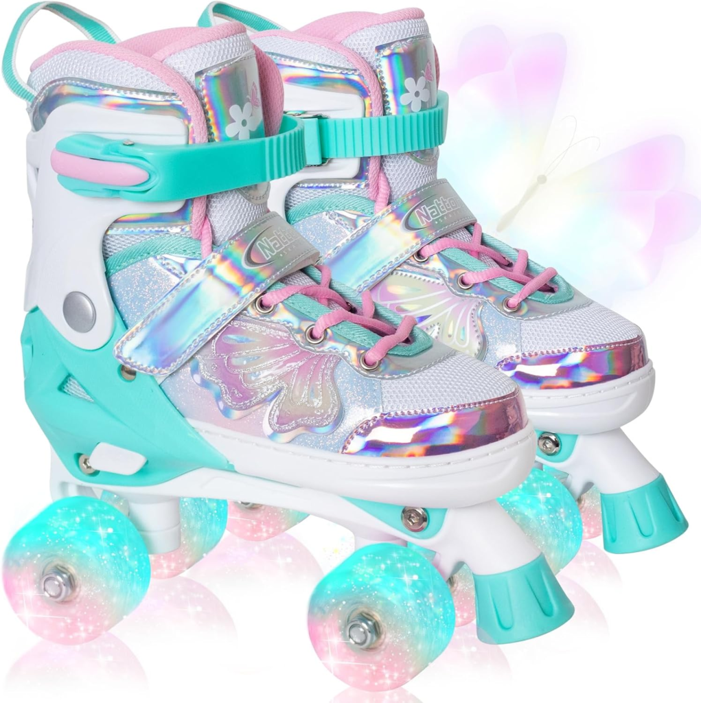 Nattork Kids Roller Skates for Girls Boys Kids, 4 Sizes Adjustable Quad Skates - in Teal