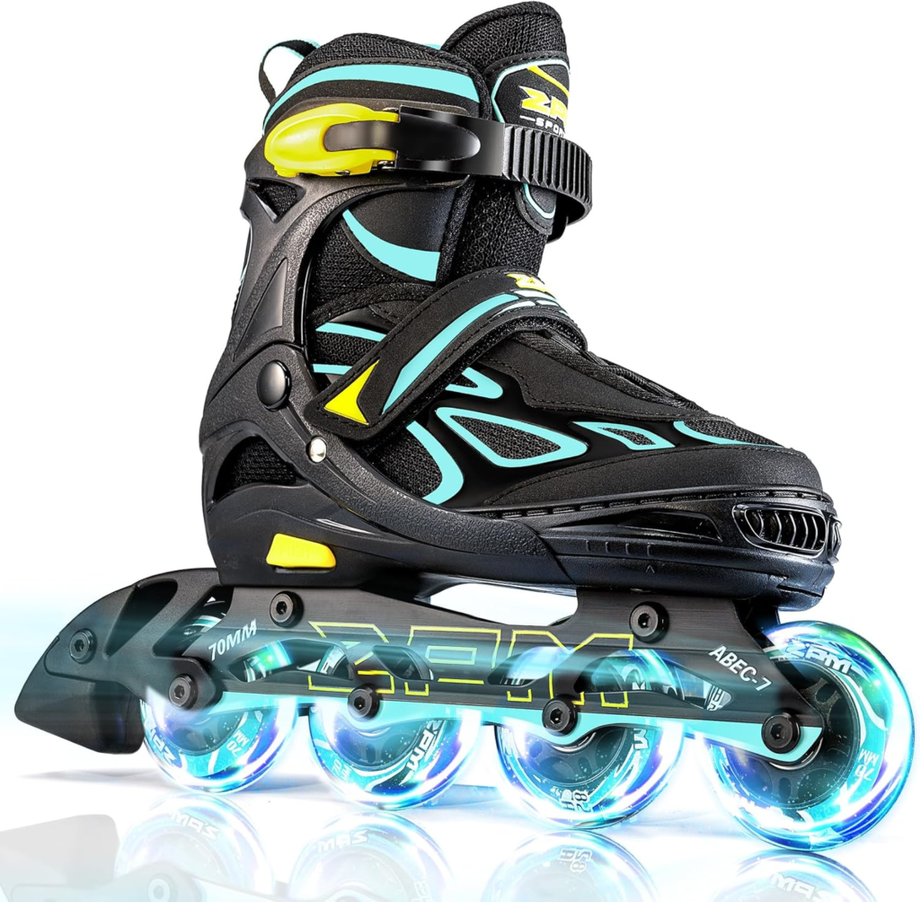 2PM SPORTS Vinal Girls Adjustable Flashing Inline Skates, All Wheels Light Up, Fun Illuminating Skates for Kids and Men - in Cyan and Yellow