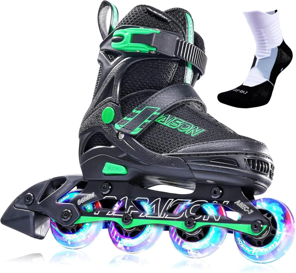 PAPAISON Adjustable Inline Skates for Kids and Adults with Full Light Up Wheels in D Green